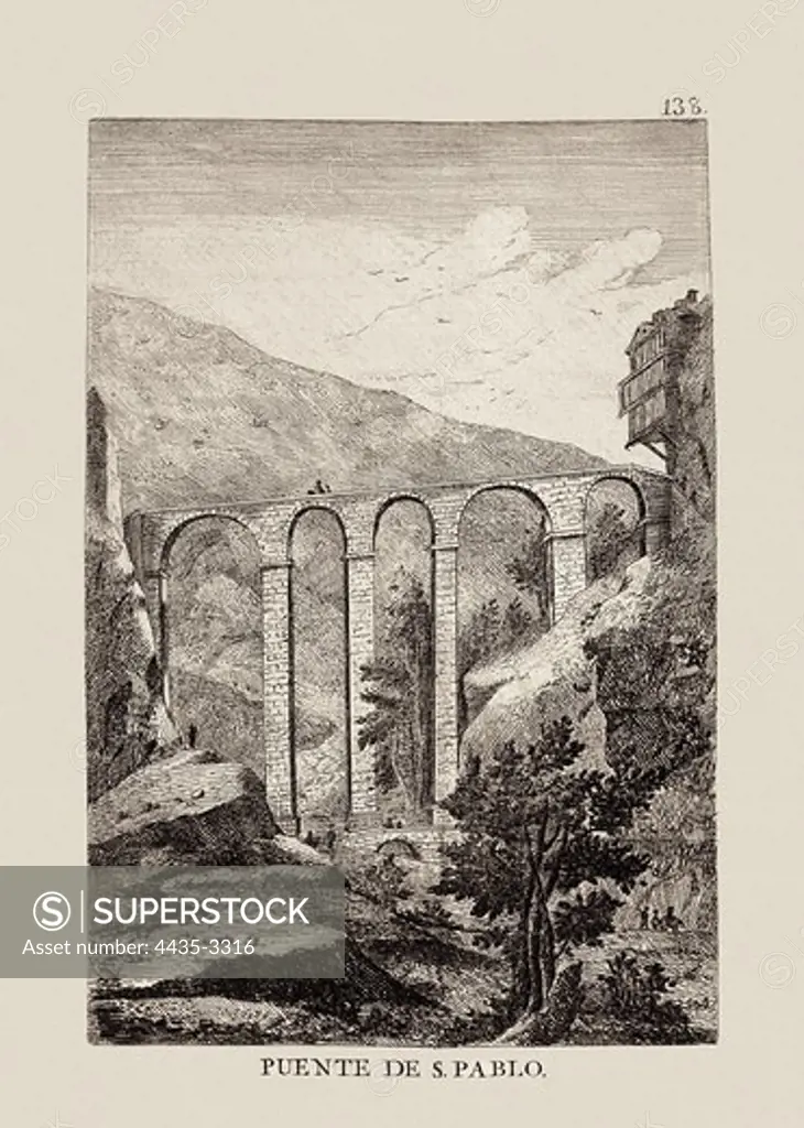 San Pablo bridge over HuŽcar river in Cuenca (1774). Picture from the work 'Viage por Espa-a' by Antonio Ponz. Etching. SPAIN. MADRID (AUTONOMOUS COMMUNITY). Madrid. Instituto Geolgico y Minero de Espa-a.