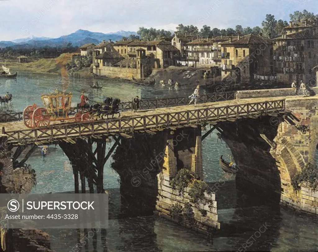BELLOTTO, Bernardo (1720-1780). View of an Old Bridge Over the River Po, Turin. ca. 1745. Central detail. Rococo. Oil on canvas. ITALY. PIEDMONT. Turin. Galleria Sabauda (Sabauda Gallery).