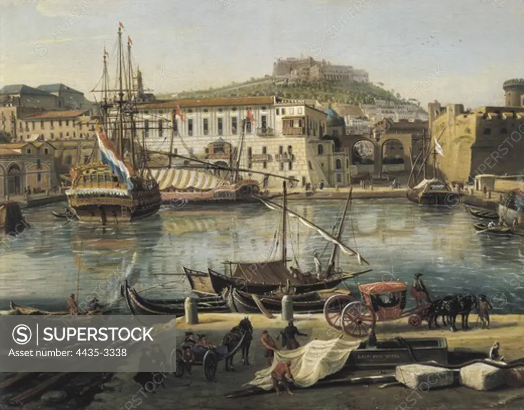 VAN WITTEL, Gaspar (1653-1736). View of The Arsenal, or dockyard, at Naples in 1703. 1711. Central detail. Baroque art. Oil on canvas. ITALY. PIEDMONT. Turin. Galleria Sabauda (Sabauda Gallery).