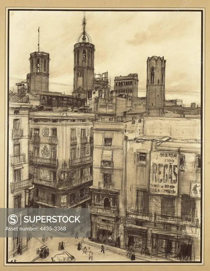 BAIXERAS i VERDAGUER, Dions (1862-1943). Barcelona. Plaza del Angel (Angel Square). 19th-20th c. Drawing. SPAIN. CATALONIA. Barcelona. Barcelona City History Museum.