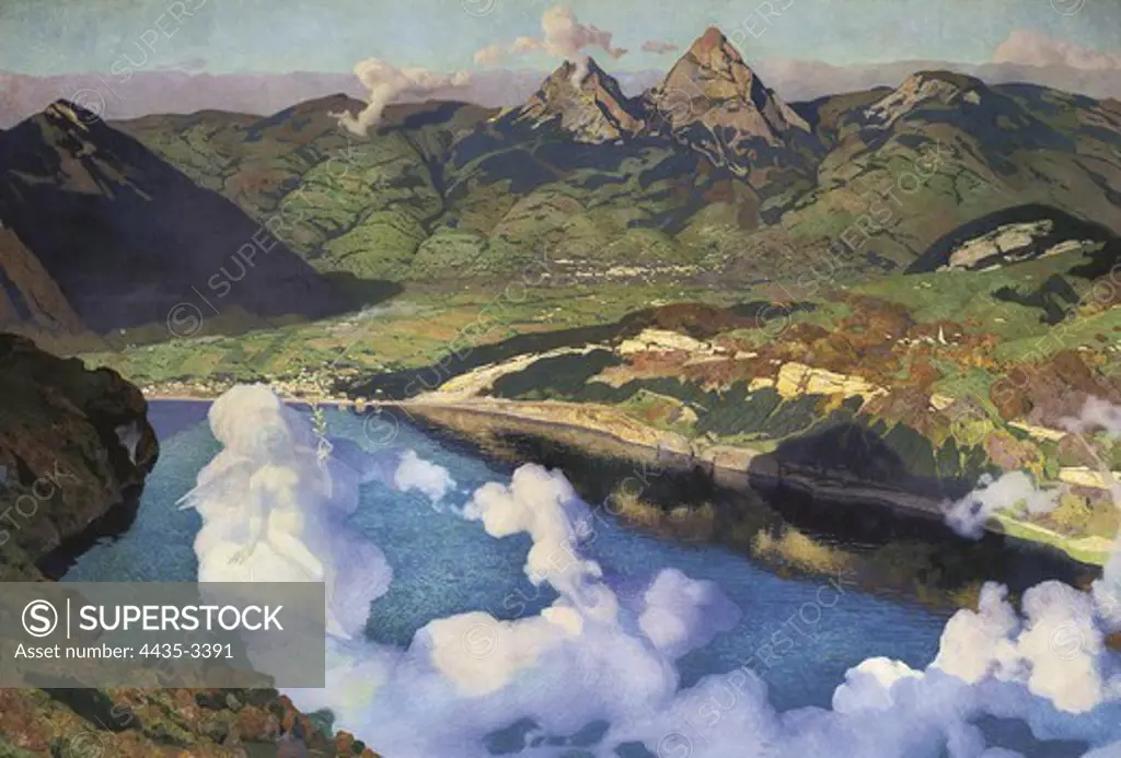 GIRON, Charles (1850-1914). The cradle of the confederation. 1901. SWITZERLAND. Bern. Parliament. It shows an idealized panorama of Lake Lucerne, the canton of Schwyz, and the RŸtli meadows. The naked female figure in the clouds symbolizes peace. Fresco.