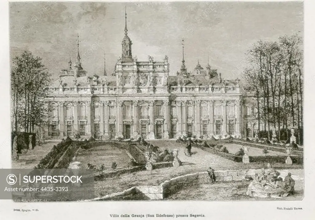 Spain (1874). Royal Palace of la Granja de San Ildefonso. Picture from the book 'L'Espagne' by Charles Davillier. Litography. SPAIN. MADRID (AUTONOMOUS COMMUNITY). Madrid. National Library.