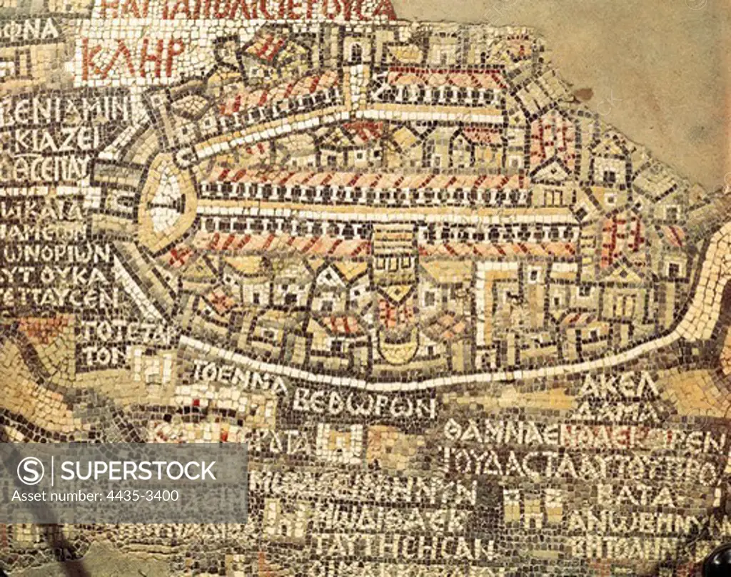 JORDAN. Madaba. Basilica of Saint George. Jerusalem (6th c.). The oldest existing map of Palestine. Byzantine art. Mosaic.
