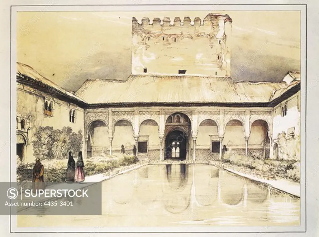 The Alhambra of Granada. Arrayanes or Myrtle Courtyard. Coloured lithography by John Frederick Lewis (1824). Romanticism. Orientalism. Litography.