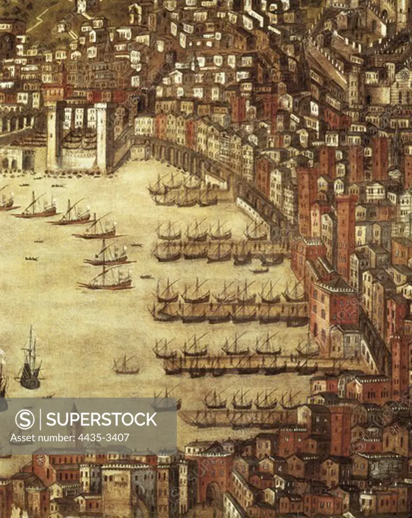 GRASSI, Cristoforo (16th c.). Port of Genoa. 1597. Right detail. Inspired on an anonymous painting of 1842. Oil on canvas. ITALY. LIGURIA. Genoa. Pegli. Navy Museum.