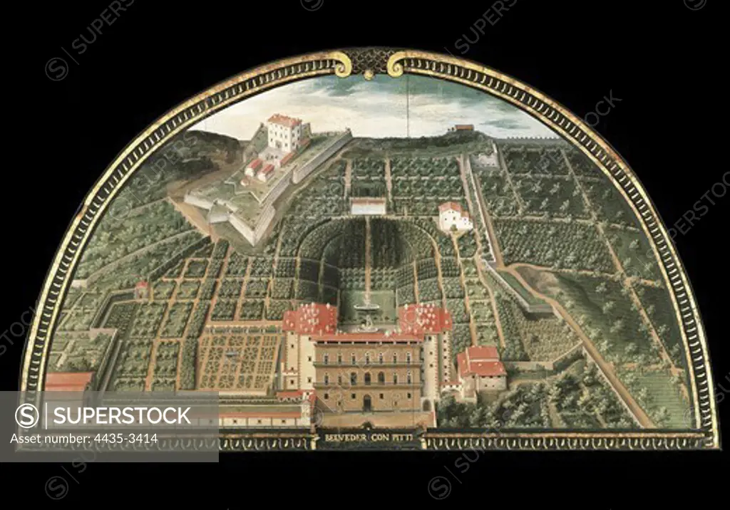 UTENS, Giusto (À-1609). Fort Belvedere and the Pitti Palace. 1599-1602. From a serie depicting the Medici's villas. Tempera. ITALY. TUSCANY. Florence. Firenze Com'era Historical and Topographical Museum.