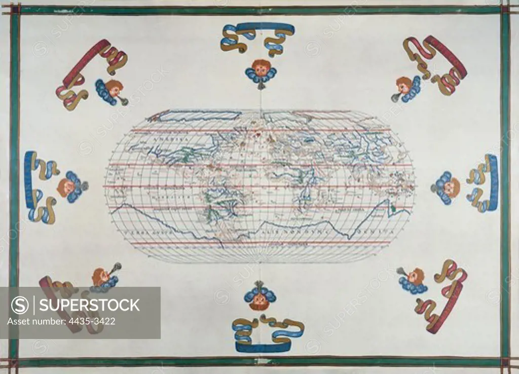Portolan chart atlas, 1591. World map. Renaissance art. Miniature Painting.