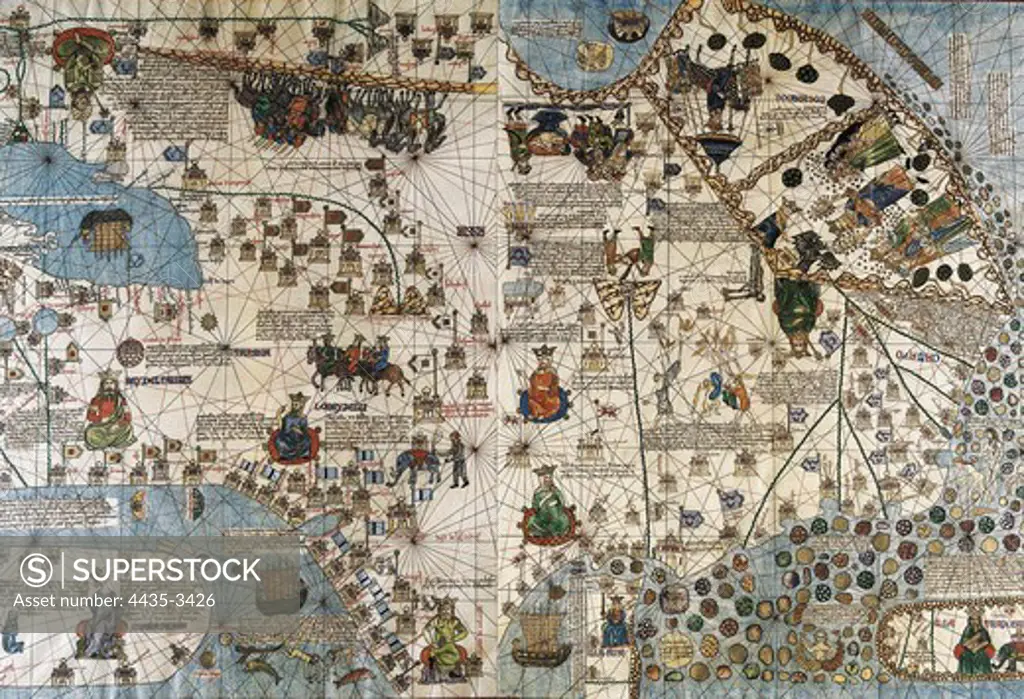 CRESQUES, Jafuda (1350-1410). Catalan Atlas. 1375. Fifth and Sixth Leaves. Map of Delli and Map of Catai (China). Representation of the Asian continent. Reproduction of the original in the National library of Paris. Miniature Painting. SPAIN. MADRID (AUTONOMOUS COMMUNITY). Madrid. Navy Museum.