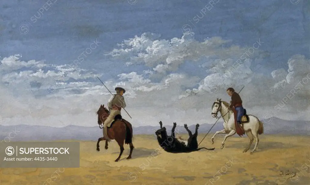 DIEZ, Joaqun (1840). Derribo de la ganadera de Miura. 1864. Painting.