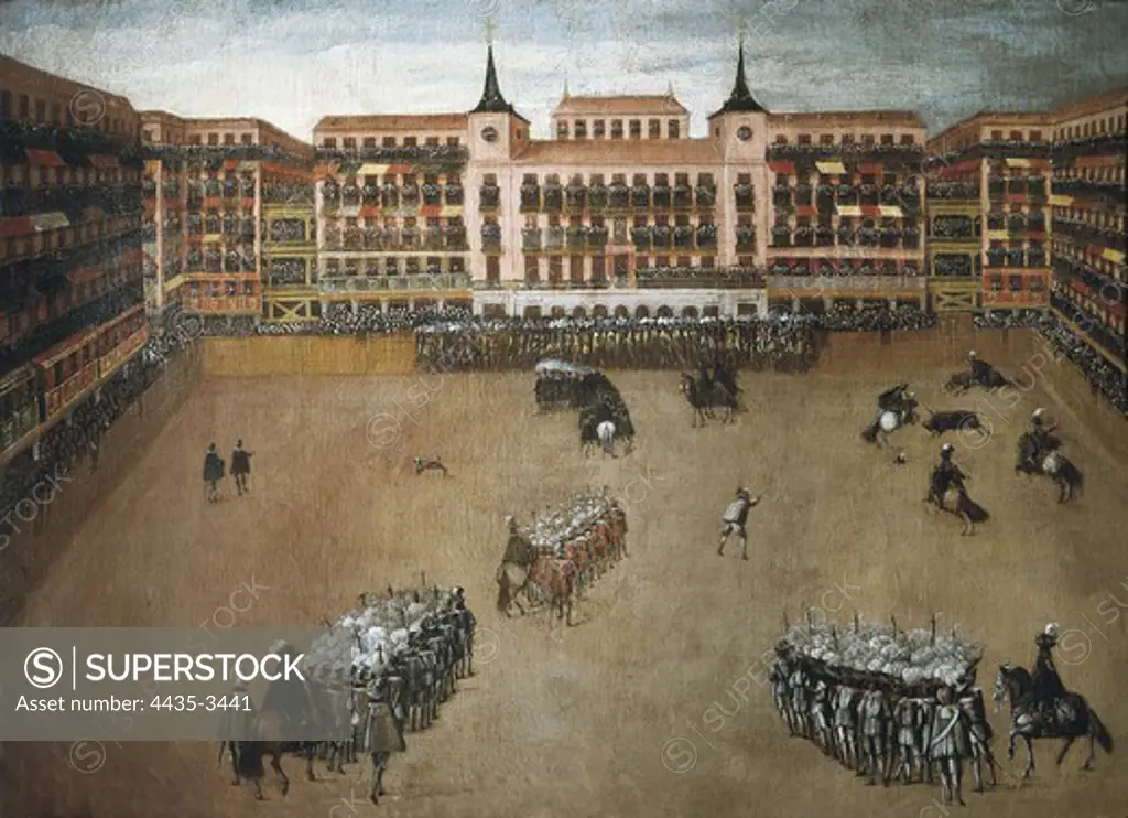 Bullfight in the Plaza Mayor (Main Square) of Madrid presided by Charles II of Spain and Mara Luisa of Orleans on the occasion of his wedding. 17th c. Painting. SPAIN. MADRID (AUTONOMOUS COMMUNITY). Madrid. Museo de Historia.