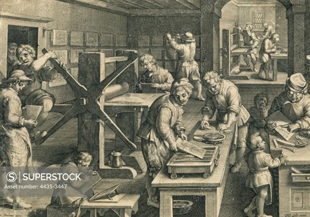 Printing workshop (18th c.). Engraving.