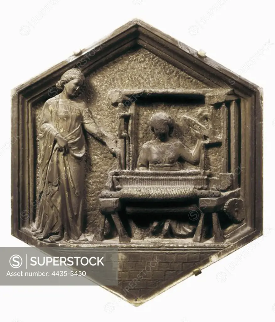 PISANO, Andrea da Pontedera, called Andrea (1270-1349). Weaver. 1337-1342. Work belonging to a group of bas-reliefs depicting human activities that decorated the campanile of Santa Maria del Fiore. Renaissance art. Trecento. Florentine school. Relief on rock. ITALY. TUSCANY. Florence. Opera del Duomo Museum.