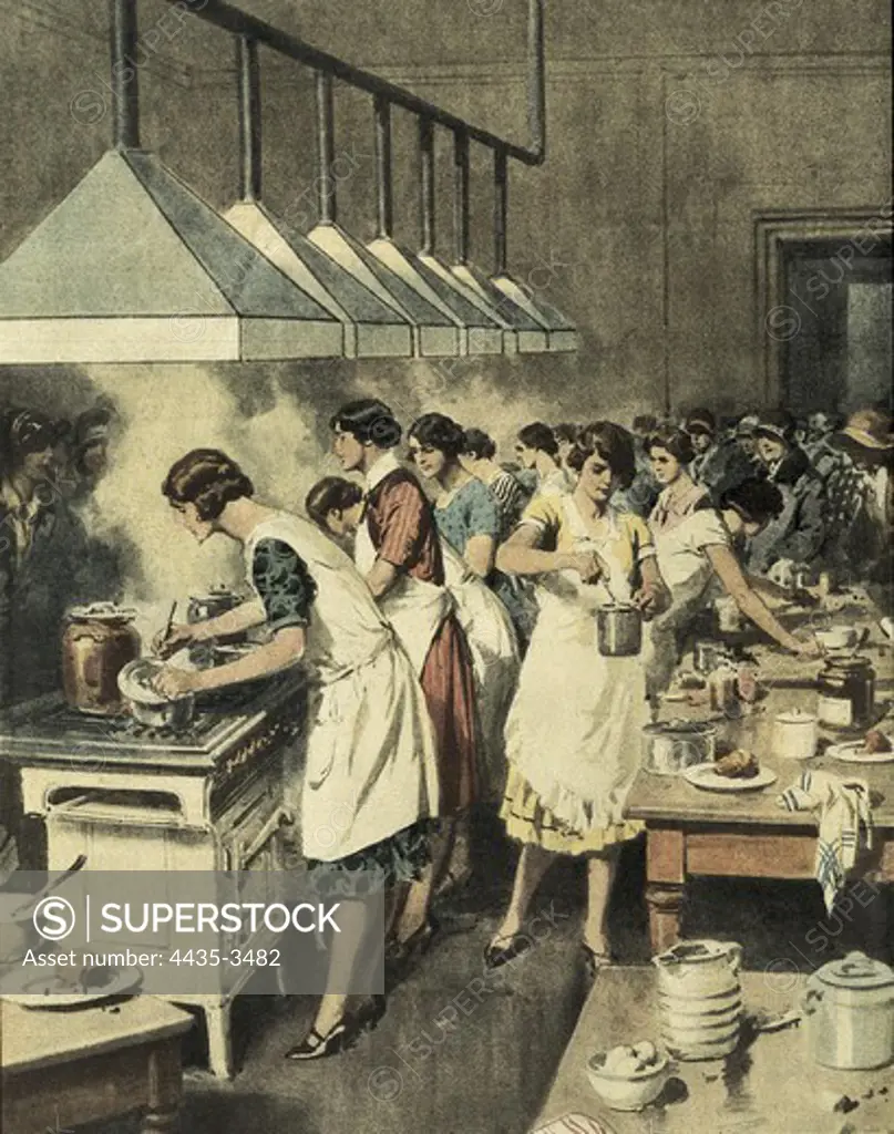 Kitchen contest for young servants (1931). Illustration by Achille Beltrame for the 'Domenica del Corriere'. Engraving.