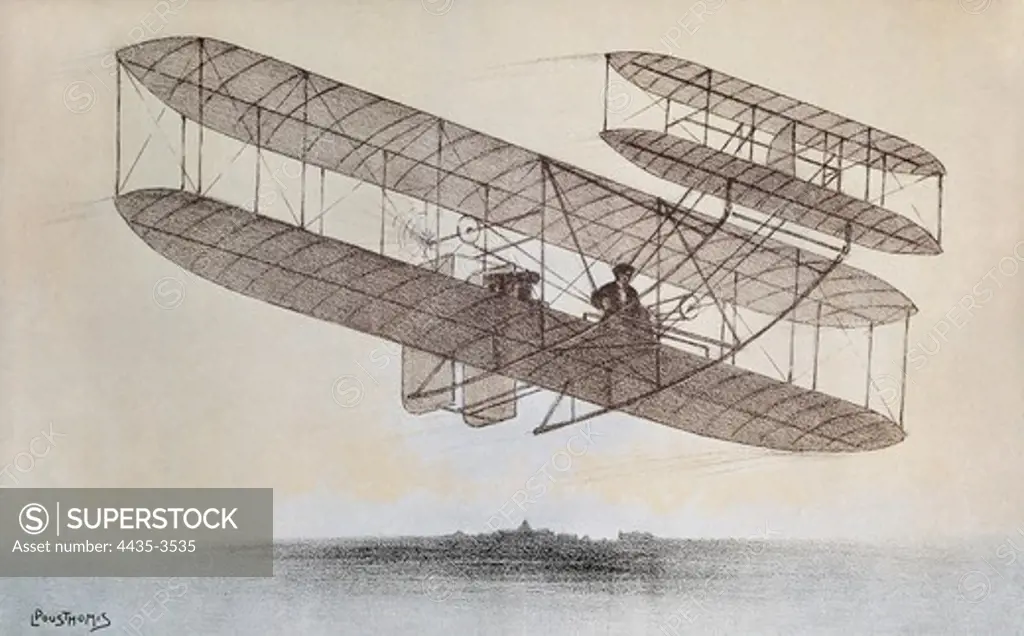 Flight carried out by one of the Wright brothers plane models . Engraving.
