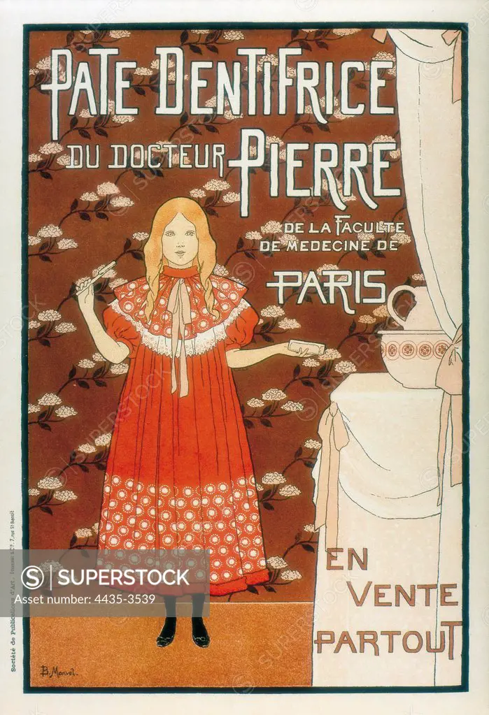 Advertisement sign for 'Pate dentifrice du Dr.Pierre', 1896. Art Nouveau. Engraving.