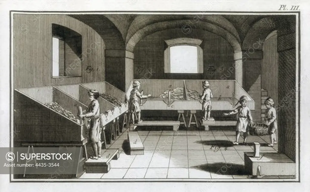 Paper factory. Paper cutting. Lllustration from 'Encyclopedia' (1751), directed by D'Alembert and Diderot. Engraving.