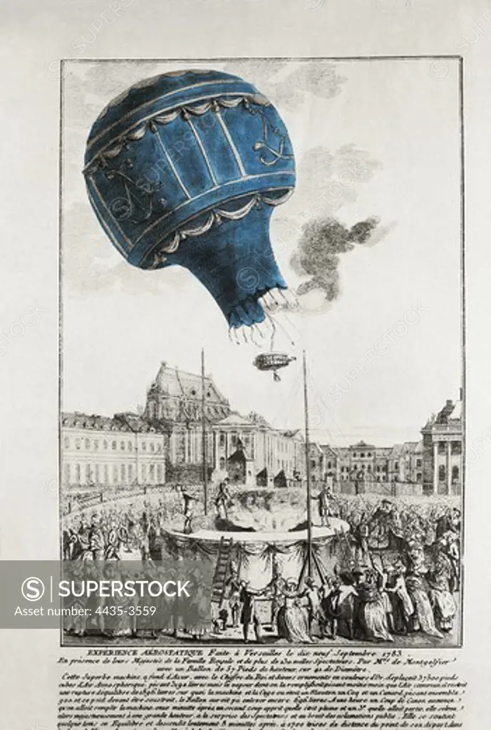 Montgolfier brothers. Trying a balloon boarded by a duck, a chicken and a sheep in the courtyard of the Palace of Versailles, in the presence of Louis XVI. 19th September, 1873. Illustration 18th c. Engraving.