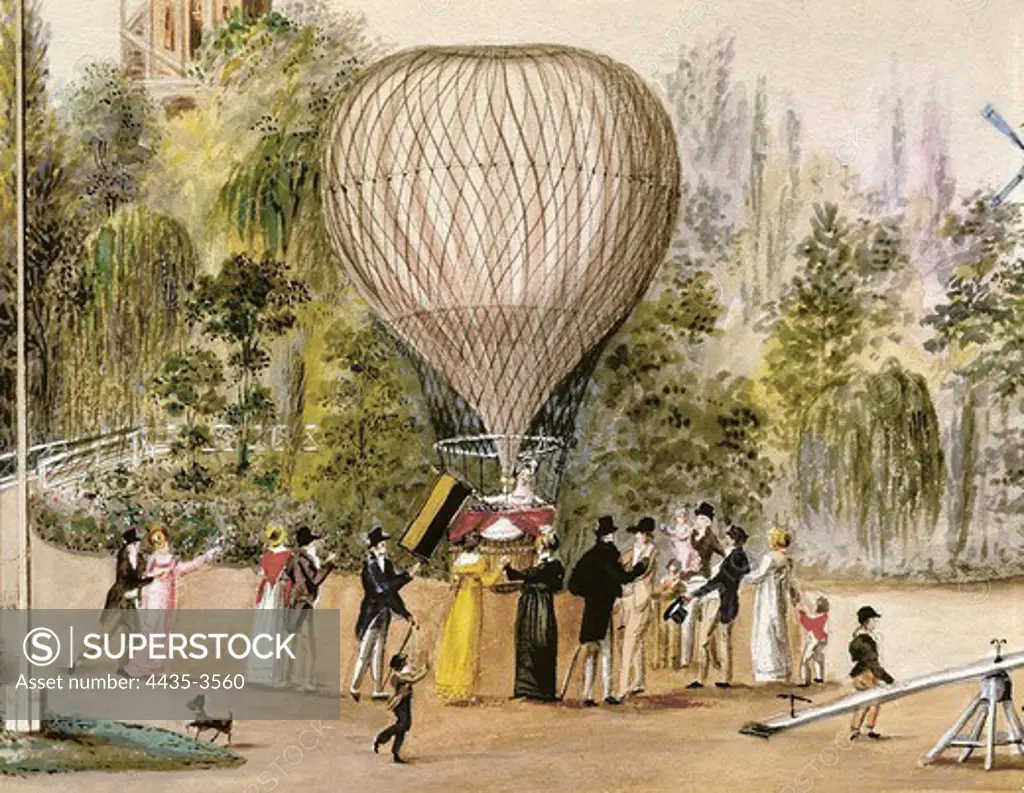 Air balloon in the Rosembaumschergarten, Vienna (19th c.). Watercolour.