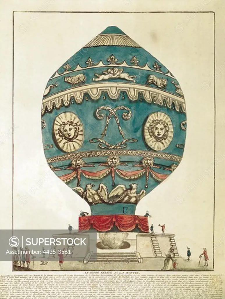 Air balloon of the brothers Jacques-ƒtienne and Joseph-Michel Montgolfier. The 'montgolfier' that on November 21st, 1783 realized the first crewed free flight, close to Paris. Engraving. FRANCE. ëLE-DE-FRANCE. Paris. MusŽe Carnavalet (Carnavalet Museum).