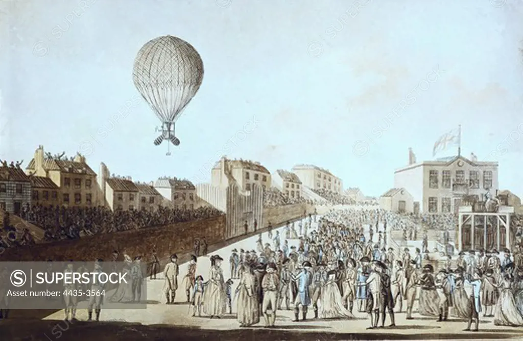 One of the Montgolfier brothers departing from England (18th c.). Engraving.
