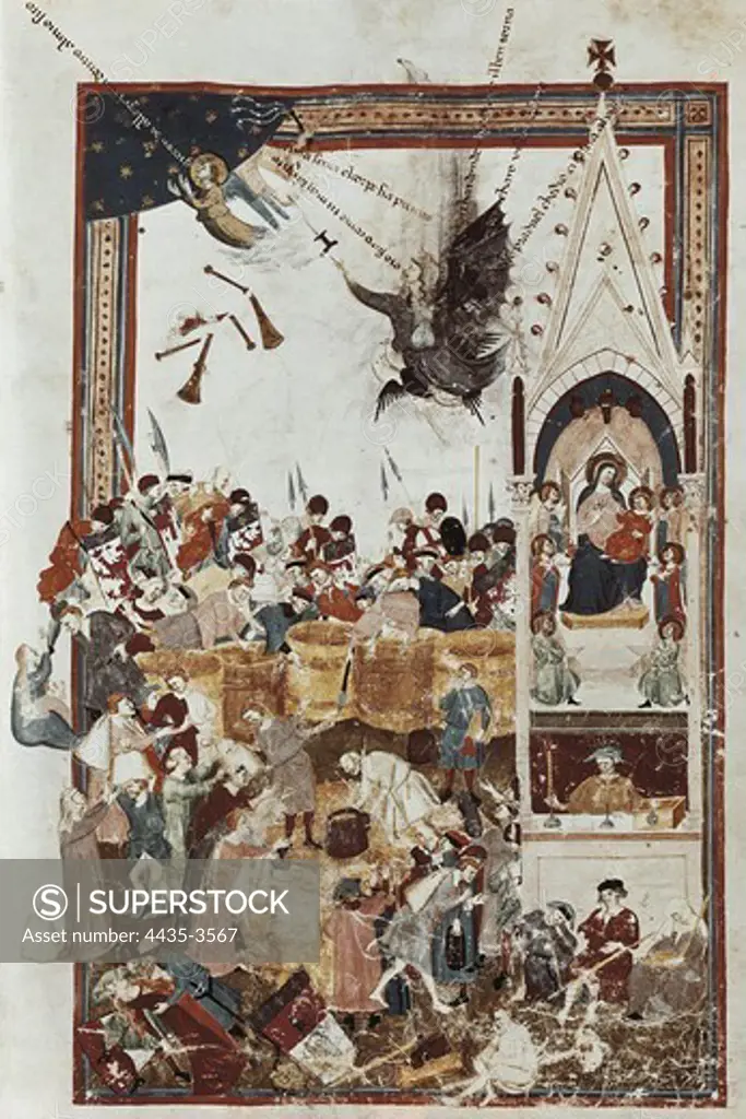 Codex Laurenziano. s.XV. Distribution of Grain in Orsanmichele. Renaissance art. Miniature Painting. ITALY. TUSCANY. Florence. Biblioteca Medicea Laurenziana (Laurentian Library).