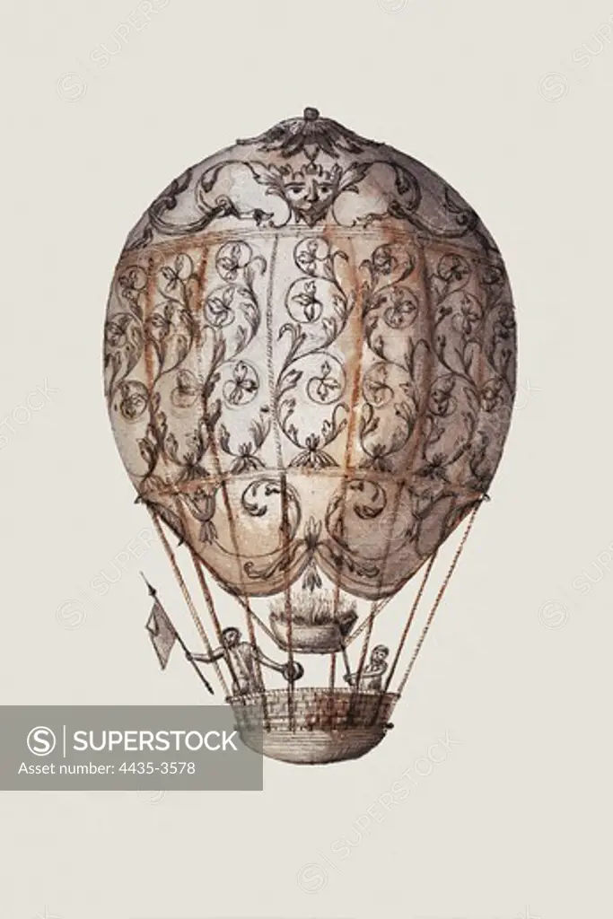 Hot-air balloon from 18th century. Engraving.