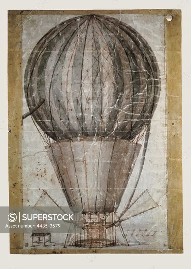 Hot-air balloon from 18th century. Drawing.