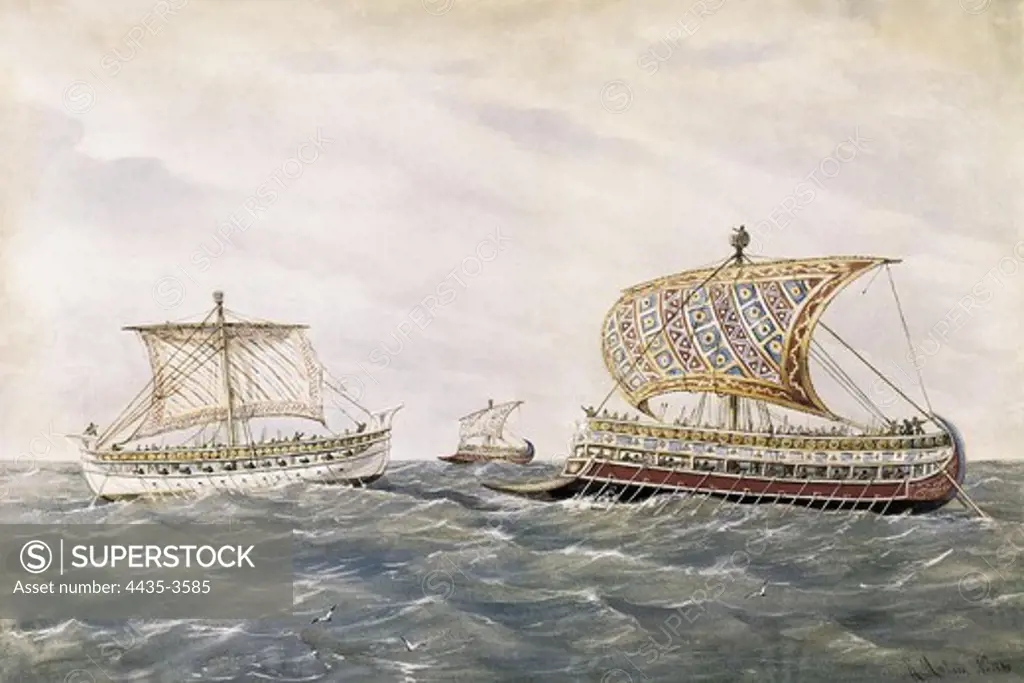 MONLEON Y TORRES, Rafael (1835-1900). History of the navigation: Phoenician and Assyrian battle ships to the service of Persia in the time of Cambyses II (6th century B.C.). Watercolour. SPAIN. MADRID (AUTONOMOUS COMMUNITY). Madrid. Navy Museum.