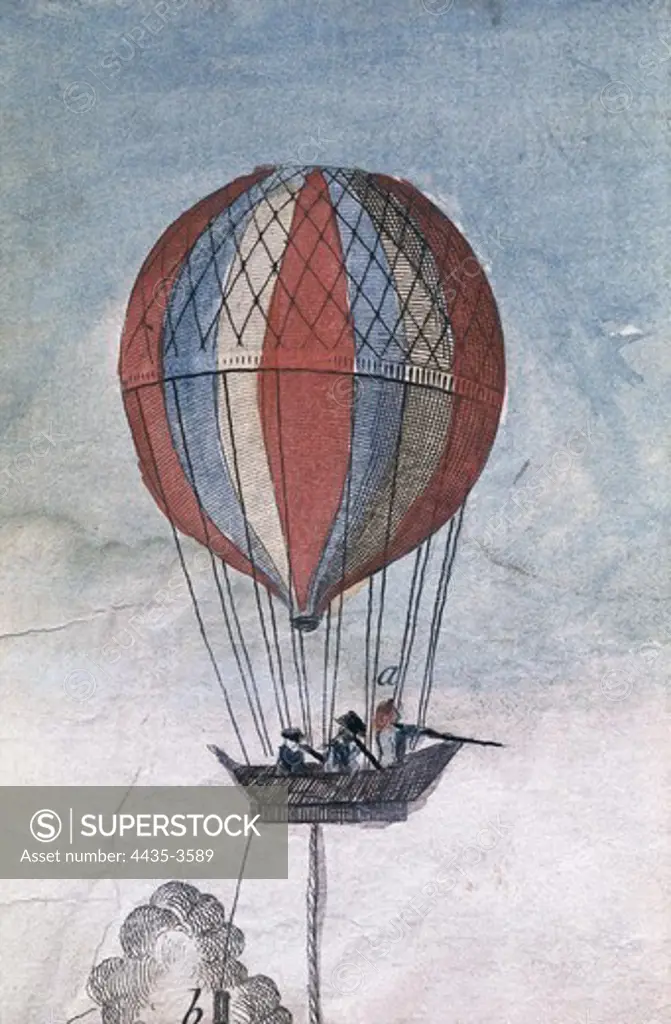 Hydrogen balloon for a military use, designed by Charles Coutelle. The hot-air balloons were used by Napoleon's army  in order to keep an eye on the enemy and manage the battle. The balloons were held on the floor using wires. Messages attached to sand sacks which went through the wires were used in order to communicate with the army on the floor.