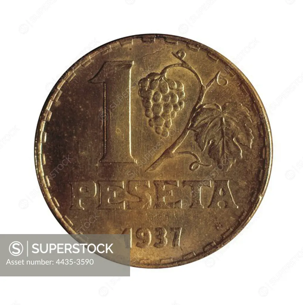 1 peseta coin (Spain, 1937). SPAIN. CATALONIA. Barcelona. National Art Museum of Catalonia.