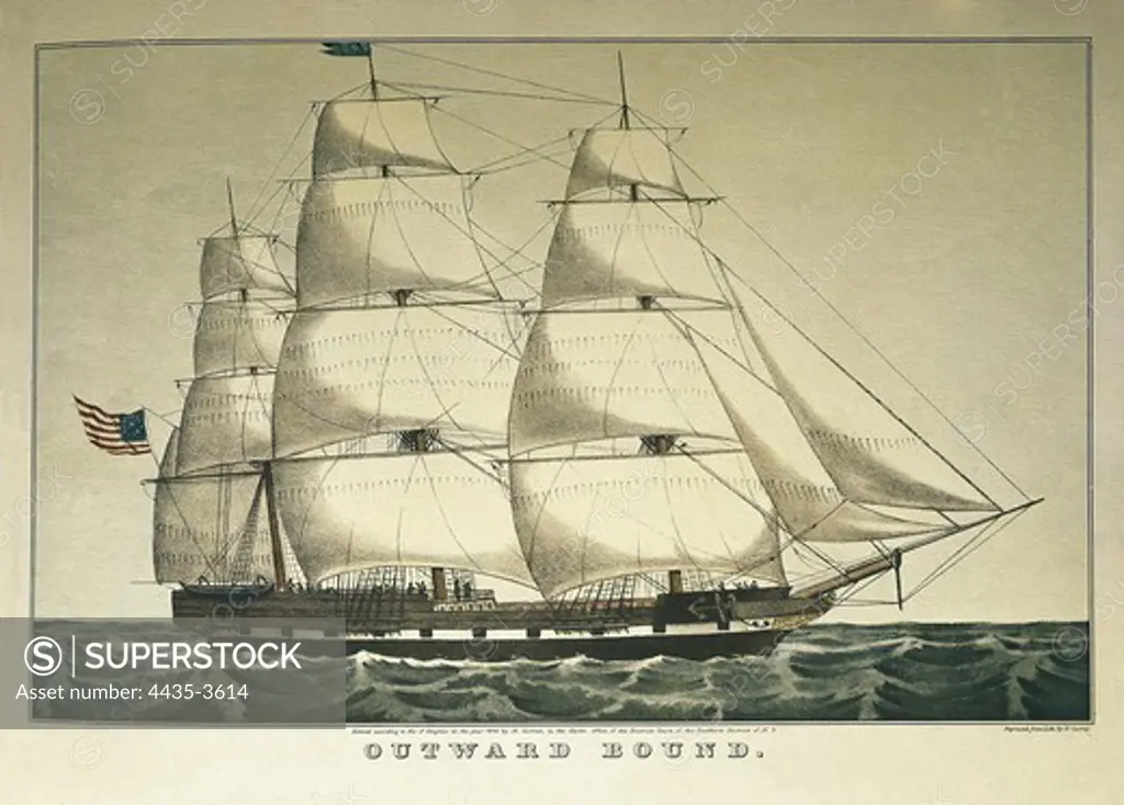 United States, 19th c. 'Outward Bound', clipper Ship.  Printed by Courier & Ives. Litography.