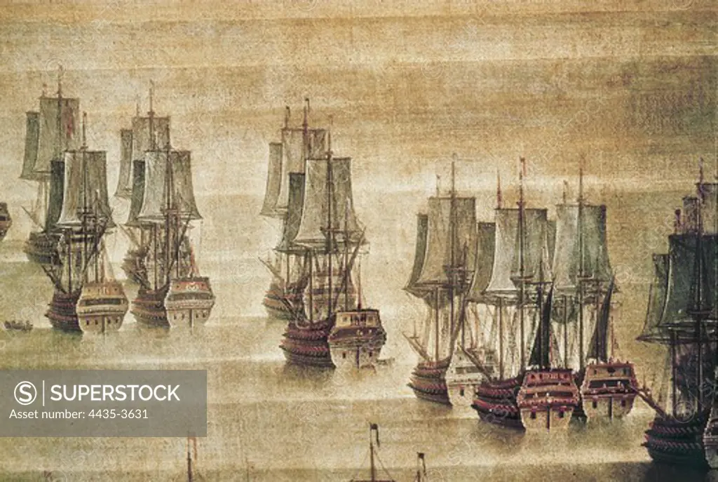 Vessels arranged for the battle (17th c.). Detail. Unknown Venetian painter. Painting. ITALY. VENETO. Venice. Museo Correr.