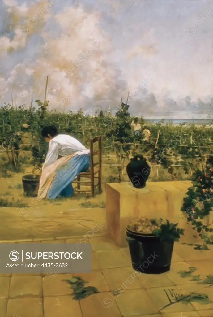 MIRO I ARGENTER, Joaquim de (1849-1914). Grapeharvest in Sitges. 1880s-1890s. Oil on canvas.