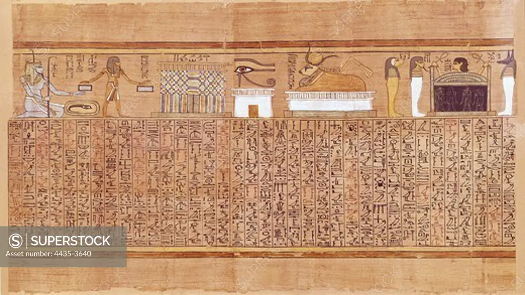 Book of the Dead or Papyrus of Any. ca. 1275 BC. 19th Dinasty. From left to right: deified Nile, figure with sacred water; entrance to the great beyond; Horus' Eye; the cow goddes Mehet-weret; funerary arch with Horus' sons. Egyptian art. New Kingdom. Painting. UNITED KINGDOM. ENGLAND. London. The British Museum. Proc: EGYPT. QUENA. Luxor. Thebes.