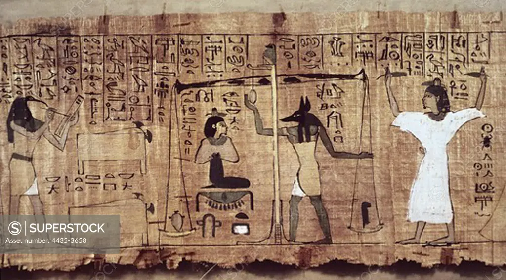 The Book of the Dead: Heruben Papyrus. 1075 - 945 BC. Papyrus with the cow goddess Hathor, a woman and two snakes. Work from the 21st Dynasty. Egyptian art. Third Intermediate Period. Miniature Painting. EGYPT. CAIRO. Cairo. Egyptian Museum.