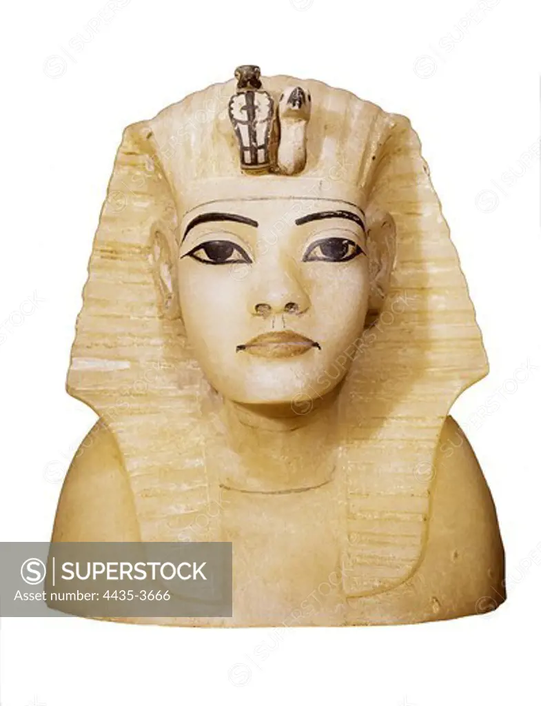 Canopic vase lid with Tutamkhamen's effigy. 1370 - 1352 BC. Egyptian art. New Kingdom. Sculpture in the round. EGYPT. CAIRO. Cairo. Egyptian Museum. Proc: EGYPT. QUENA. Dayr al-Bahri. Valley of the Kings. Tomb of Tutankhamun.