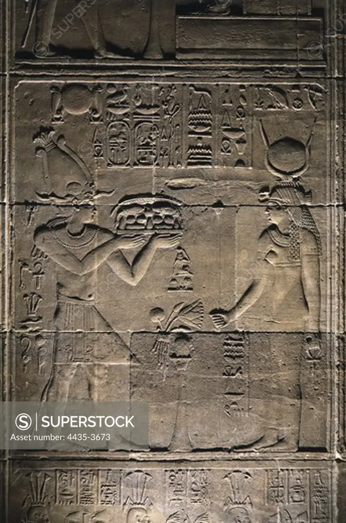 Great Temple of Rameses II. EGYPT. Abu Simbel. Great Temple of Rameses II. Offering to Goddess Hathor. Egyptian art. New Kingdom. Relief.