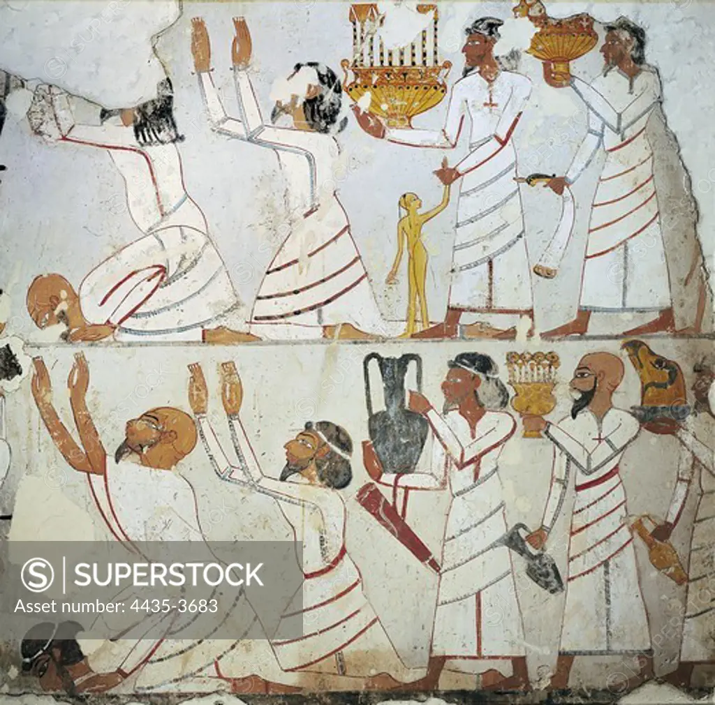 Syrians presenting exotic vessels and tribute. ca. 1400 BC. 18th Dynasty. Painted plaster fragment of the tomb of Sebekhotep, treasury official of Tuthmose IV. Egyptian art. New Kingdom. Painting. UNITED KINGDOM. ENGLAND. London. The British Museum. Proc: EGYPT. QUENA. Luxor. Thebes.