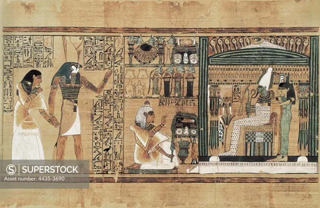 Book of the Dead or Papyrus of Any. ca. 1275 BC. 19th c. dynasty. Horus leading Ani to the presence of Osiris. Egyptian art. New Kingdom. UNITED KINGDOM. ENGLAND. London. The British Museum. Proc: EGYPT. QUENA. Luxor. Thebes.