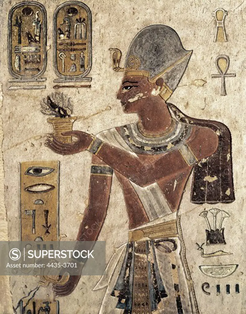Tomb Of Amon-her-Khopechef. EGYPT. Dayr al-Bahri. Valley of the Queens. Tomb Of Amon-her-Khopechef. Pharaoh Ramses III, father of prince Amon-her-Khopechef. Egyptian art. New Kingdom. Relief.