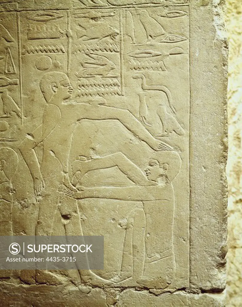 Tomb of Ankhmahor Sesi. 2345 BC. EGYPT. Saqqara. Circumcision scene. Egyptian art. Old Kingdom. Relief.