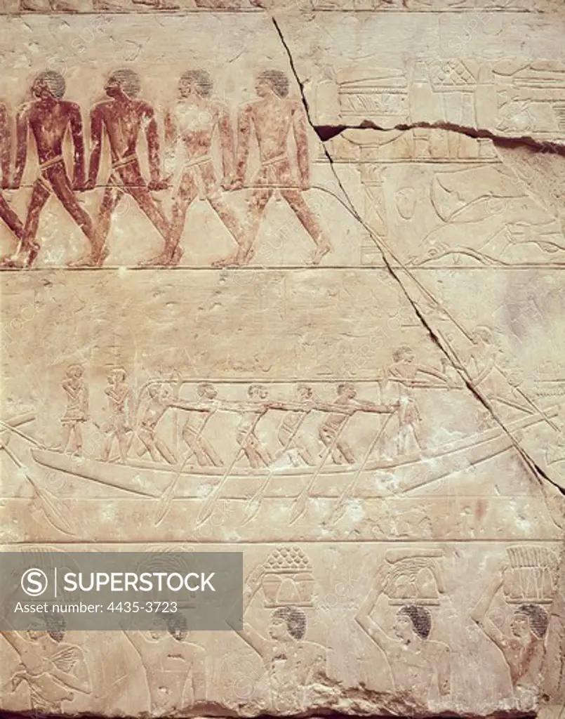 Mastaba of Mereruka. ca. 2323 BC. EGYPT. Saqqara. Transport by boat. Egyptian art. Old Kingdom. Relief on rock.
