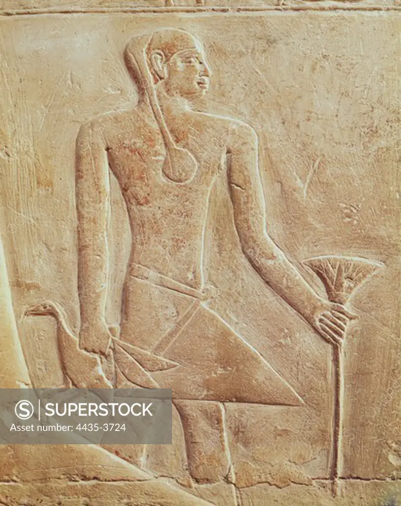 Mastaba of Mereruka. ca. 2323 BC. EGYPT. Saqqara. Servant with bird. Egyptian art. Old Kingdom. Relief on rock.