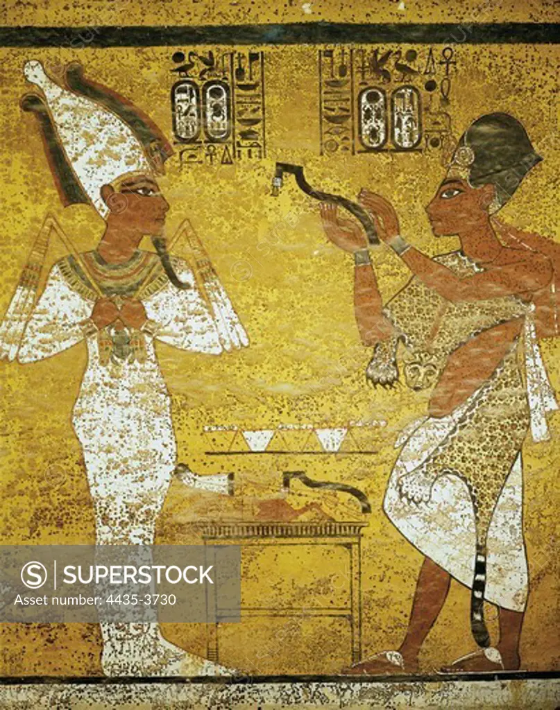 Tomb of Tutankhamun. s.XIV BC. EGYPT. Dayr al-Bahri. Valley of the Kings. Tomb of Tutankhamun. The Pharaoh anf his councillor Eye. Egyptian art. New Kingdom. Painting.