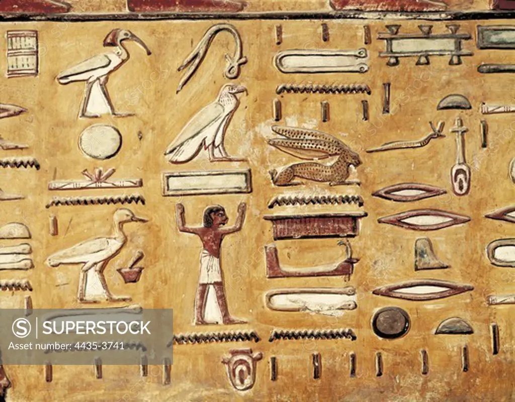 EGYPT. Dayr al-Bahri. Valley of the Kings. Tomb of Seti I. Hieroglyphic. 19th dyansty (1306-1290 BC). Egyptian art. New Kingdom. Oil on canvas.