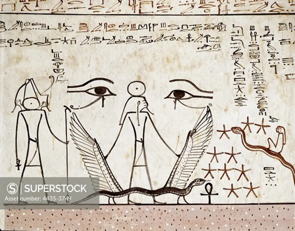 Tomb of Tuthmosis III. EGYPT. Dayr al-Bahri. Valley of the Kings. Tomb of Tuthmosis III. God Horus and the mystic eyes. Egyptian art. New Kingdom. Painting.