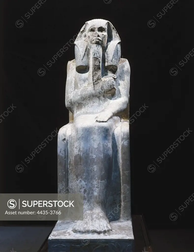 Seated statue of King Djoser. 2611 BC. Detail. Egyptian art. Old Kingdom. Sculpture on rock. EGYPT. CAIRO. Cairo. Egyptian Museum. Proc: EGYPT. CAIRO. Saqqara.