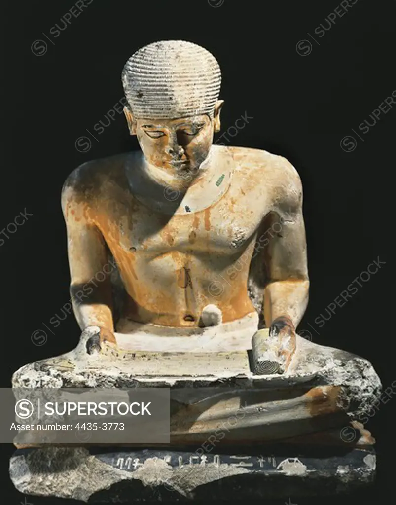 Sitted Scribe. ca. 2575 BC. Painted limestone. Egyptian art. Old Kingdom. Sculpture on rock. EGYPT. CAIRO. Cairo. Egyptian Museum.
