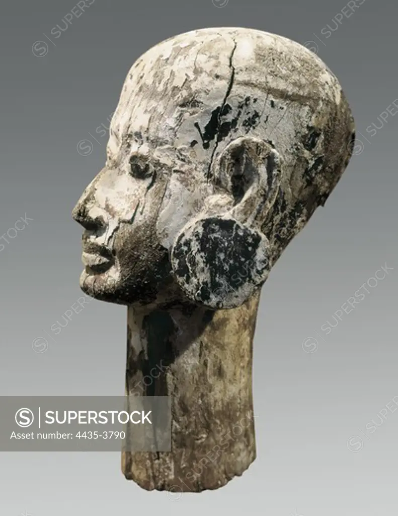 Head of woman. 1550 -1196 BC. Profile. Work from the 18th or 19th Dynasty. Egyptian art. New Kingdom. Sculpture on wood. EGYPT. CAIRO. Cairo. Egyptian Museum. Proc: EGYPT. CAIRO. Saqqara.