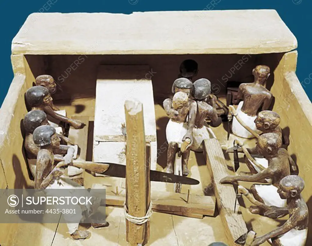 Funerary model of a carpentry workshop. 2040 -1991 BC. From the Tomb of Metekre. Middle Kingdom. Painted wood. Egyptian art. Middle Kingdom. Sculpture on wood. EGYPT. CAIRO. Cairo. Egyptian Museum. Proc: EGYPT. QUENA. Dayr al-Bahri. Valley of the Nobles.